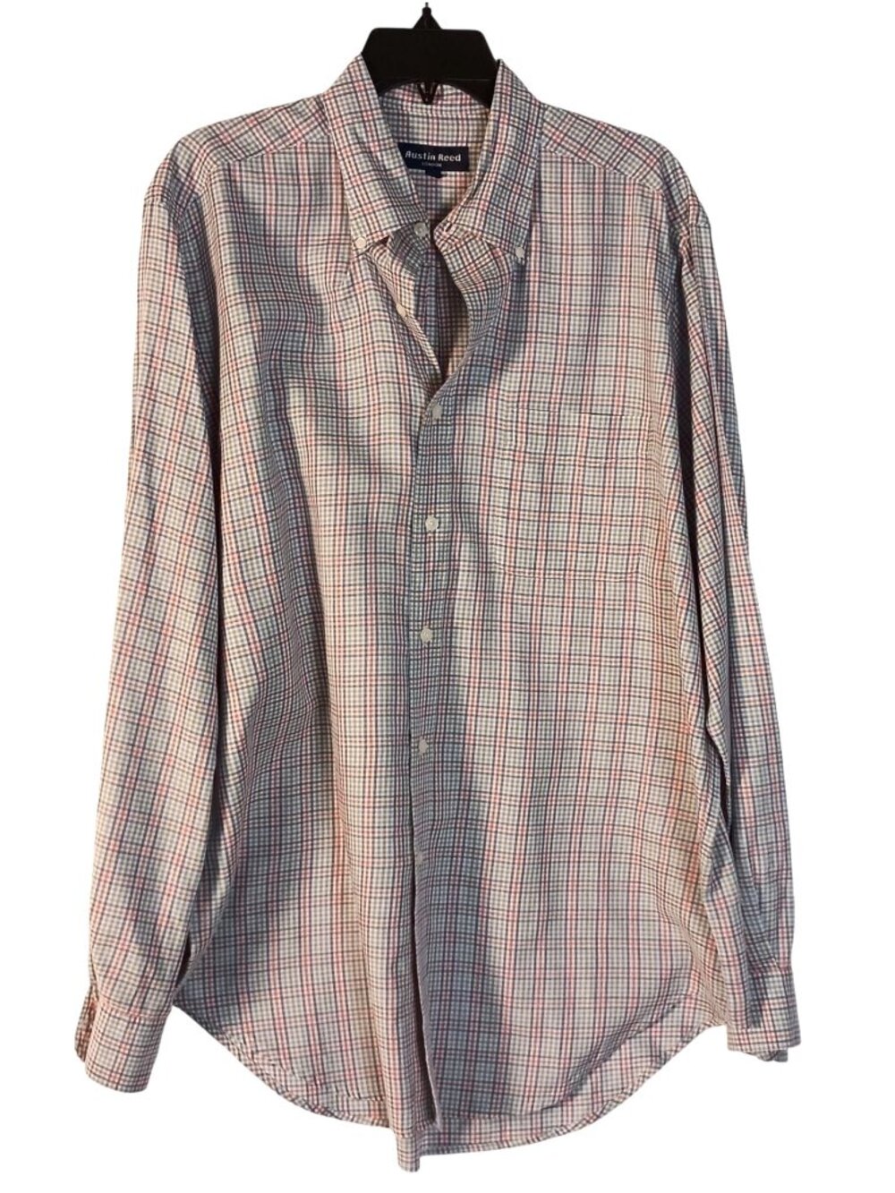 Austin Reed London Mens Large Red Blue Check Dress Shirt Long Sleeve Button Down